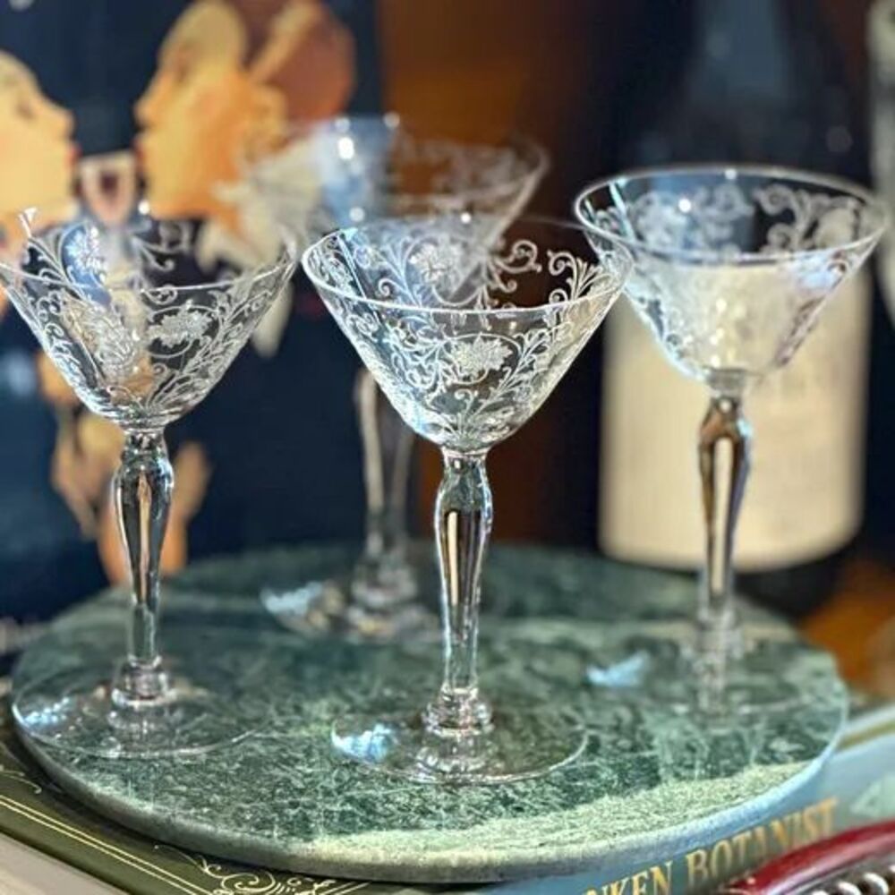 Set of 4 Vintage Fostoria Etched Crystal Cocktail Glass Champagne Coupe Clear